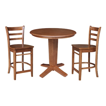 International Concepts 36 in. Solid Wood Round Top Pedestal Dining Table with 2 Counter Height Stools in Distressed Oak K42-36RT-23B-S6172-2